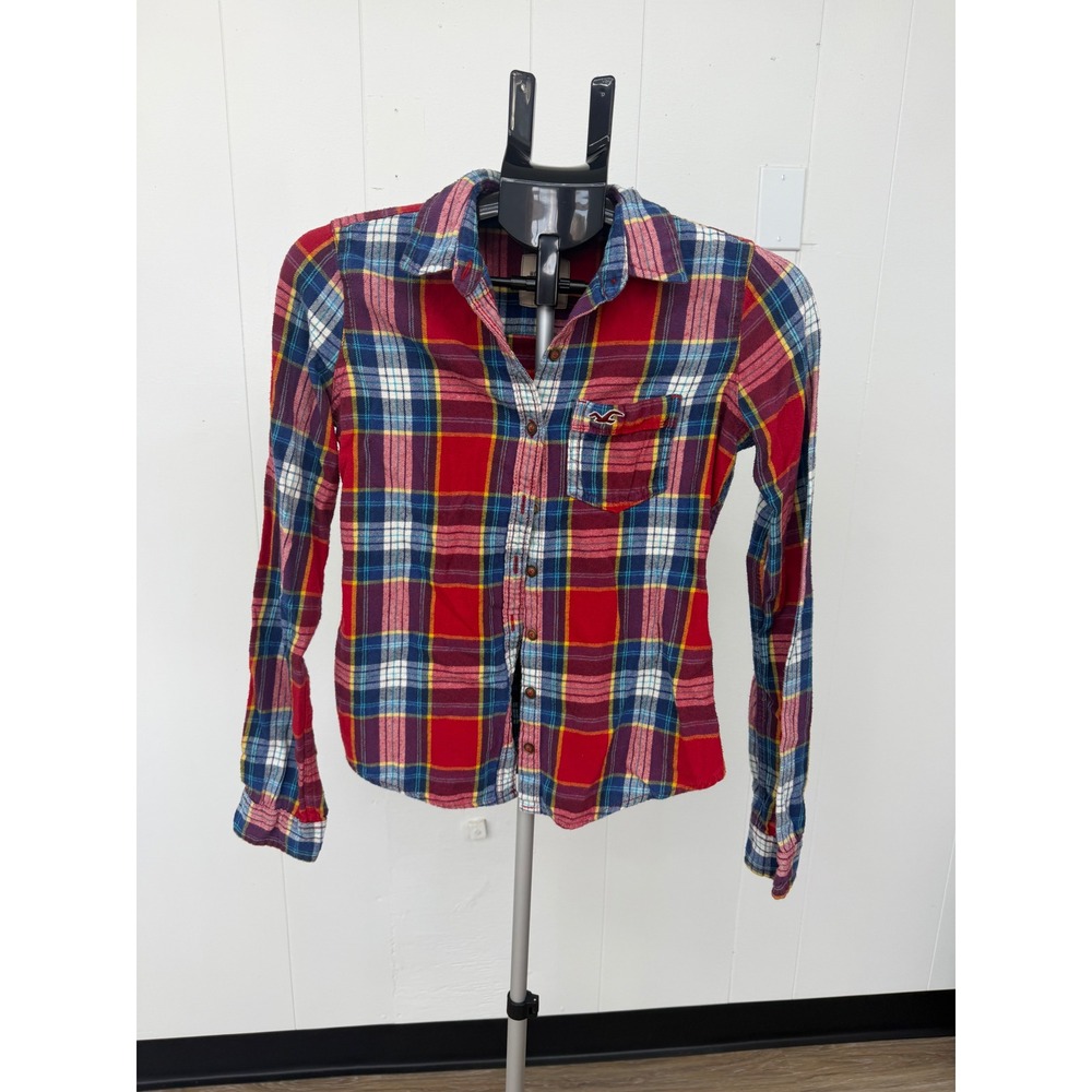 Hollister Plaid Button Down Women Small Red Blue Flannel Excellent Long Sleeve